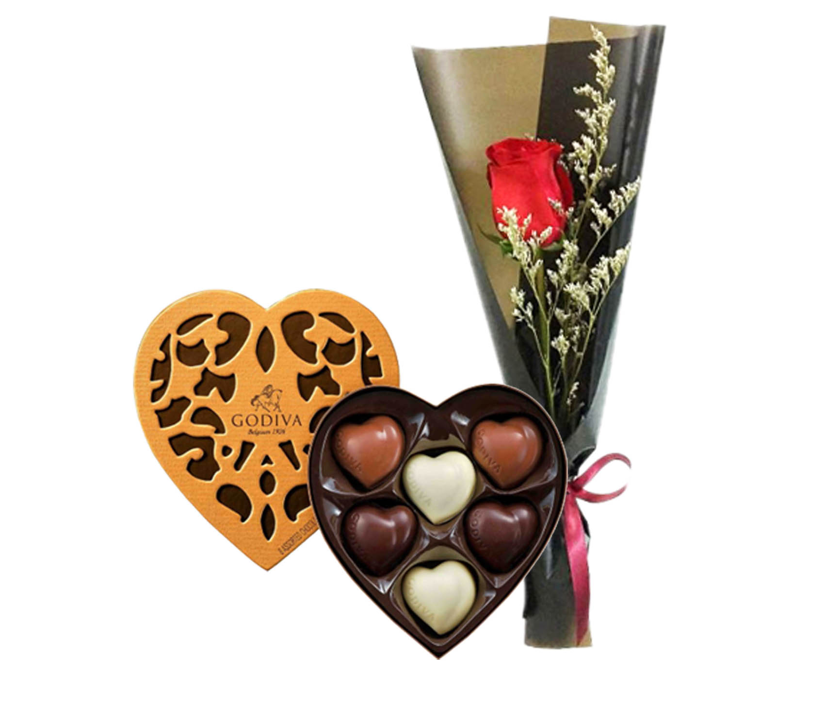 CUCO3230 single rose with Godiva Heart Godiva Heart Box With 1 Rose Bouquet - Image 1